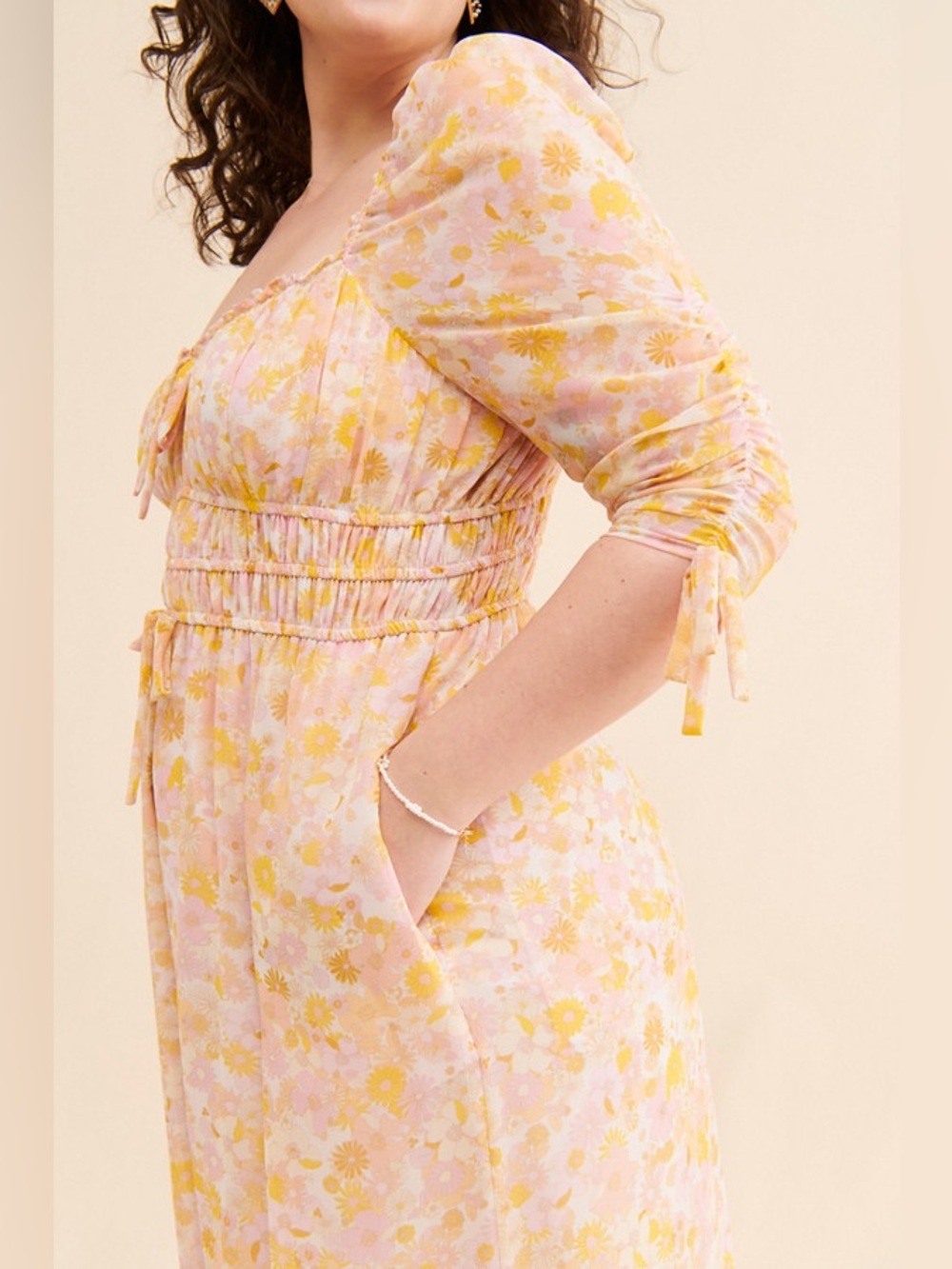 For love and lemons Eden‎ Floral Midi Dress pink yellow ruched bow sleeves XS - Picture 11 of 15
